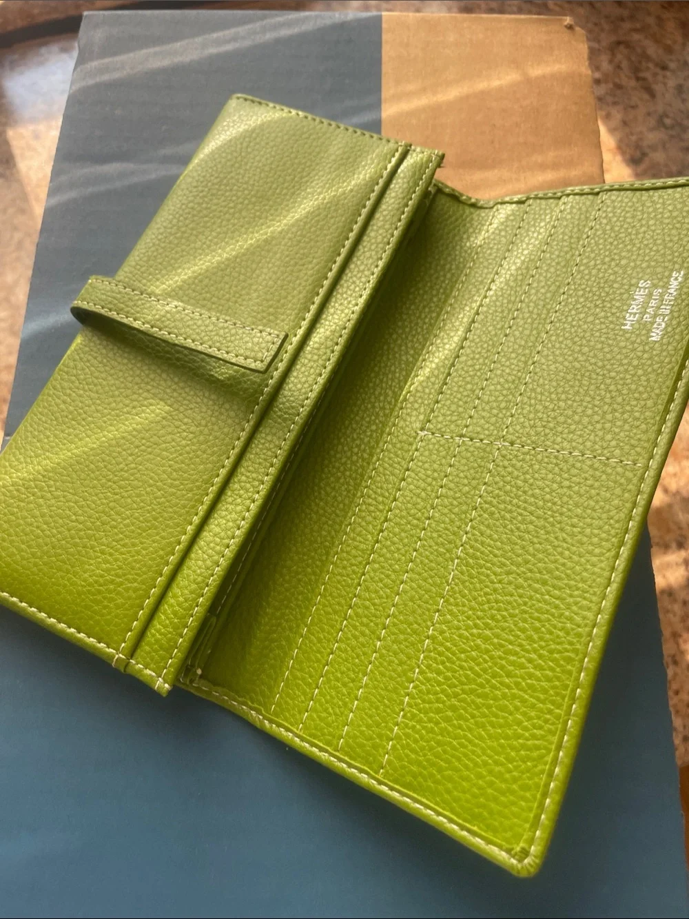 Hermes Lime Green Leather Long Wallet with H Tab
